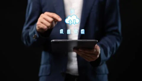 Collect data through the online cloud system big data Hologram Icon Foto stock