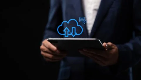 Collect data through the online cloud system big data Hologram Icon Stock Photos