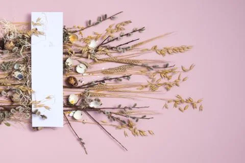 Collect easter composition on a pale pink background. Dried flowers and eggs  Stock Photos