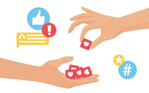Collect likes, blogger hand collecting likes engagement feedback from followers Stock Illustration