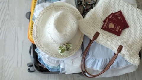 Collected Bag on the Trip. Things, Hat, Passports 스톡 동영상 73958267