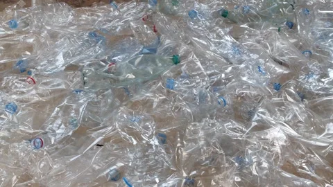 Collected sorted by clear color and crushed PET plastic water bottles Video stock 243058554