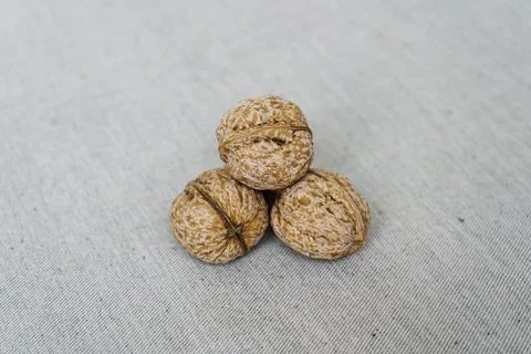 The collected walnuts lie on burlap Stock Photos