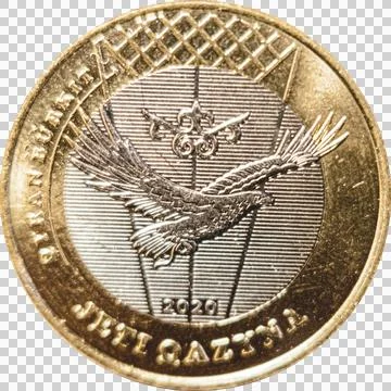 Collectible coins Jeti qazyna from Kazakhstan. 100 tenge. 7 qazyna. QYRAN BURKIT Stock Photos