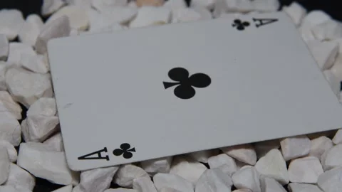 Collectible well-cared-for playing cards on white stones on a black plate rotate Stock Footage 253809853