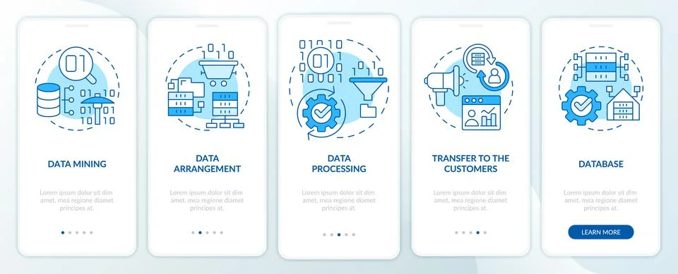 Collecting and processing data blue onboarding mobile app screen Stock Illustration
