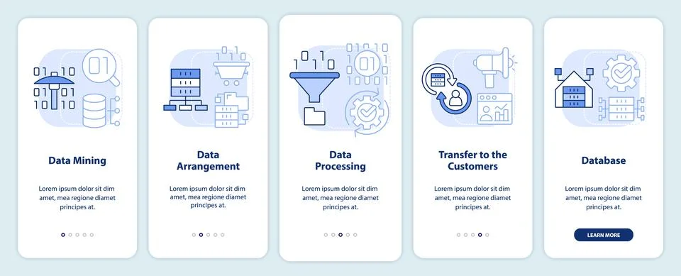 Collecting and processing data light blue onboarding mobile app screen Stock Illustration