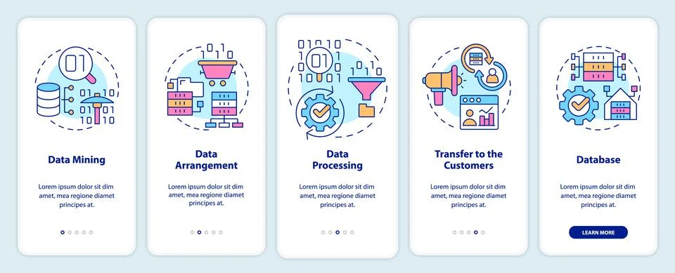 Collecting and processing data onboarding mobile app screen Stock Illustration