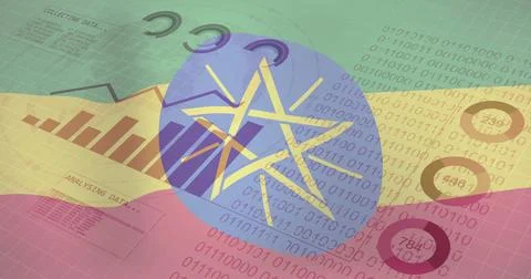 Collecting data and binary coding image over flag of Ethiopia Stock Photos