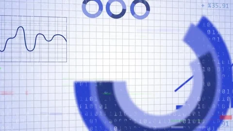 COLLECTING DATA box appearing, blue bar-line chart growing, binary arcs sliding, Stock Footage 334743931