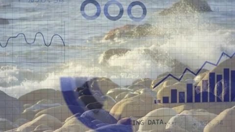 COLLECTING DATA label appearing rocky shore showing overlays bar chart growing Stock Footage 332613953