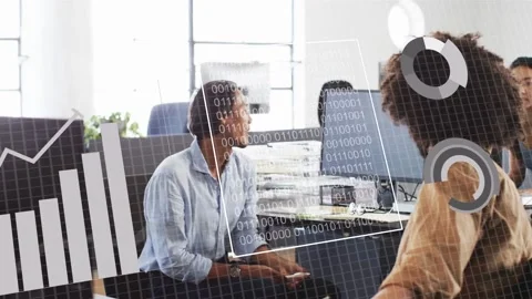 COLLECTING DATA overlaying charts screens while left man waving right man Stock Footage 333632164