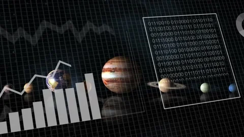 COLLECTING DATA panel appearing, planet row centering Jupiter, charts growing Stock Footage 335739251
