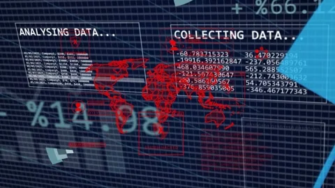 COLLECTING DATA panel sliding in, HUD showing red wire map, animating charts for Stock Footage 334351819