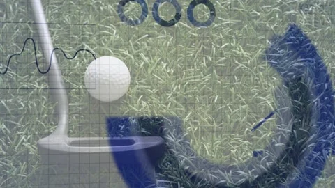 COLLECTING DATA text appearing, putter head swinging, displacing ball, analytics Stock Footage 333552706