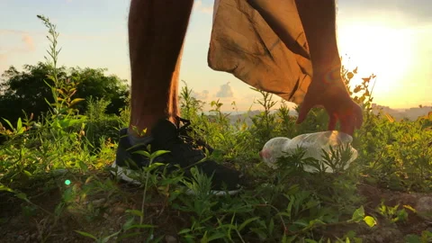 Collecting Garbage in Forest Stock Footage 138229262