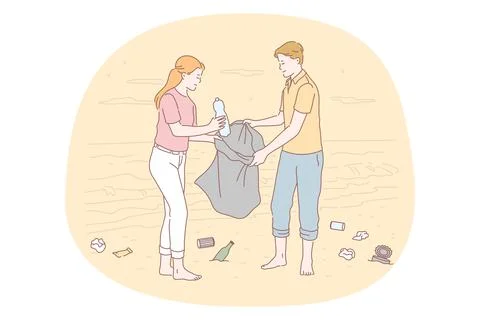 Collecting garbage, saving ecosystem, environment cleaning volunteer concept Illustrazione stock