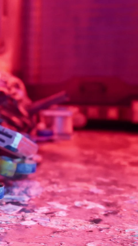 Collecting paint cans and tools for an art project in a workshop space Stock Footage 342350231