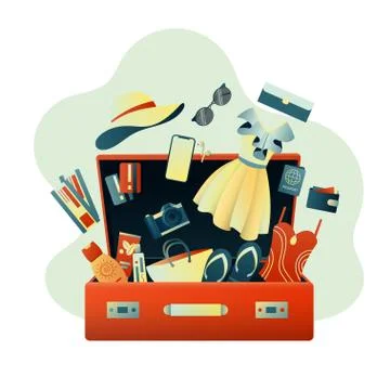 Collecting a suitcase on a trip: clothes, documents, equipment. Travel stuff Stock Illustration