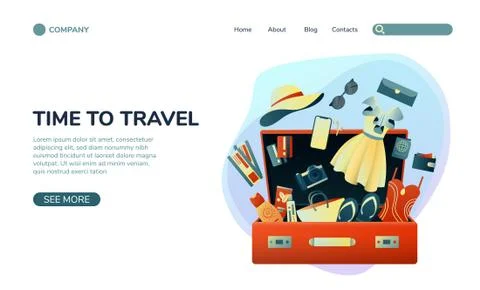 Collecting a suitcase on a trip: clothes, documents, equipment. Landing page Stock Illustration
