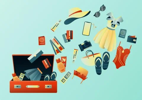 Collecting a suitcase on a trip: clothes, documents, equipment. Travel stuff Stock Illustration