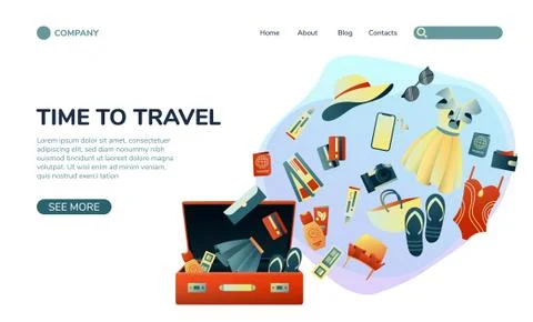 Collecting a suitcase on a trip: clothes, documents, equipment. Landing page Stock Illustration