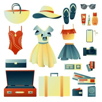 Collecting a suitcase on a trip: clothes, documents, equipment. Travel stuff Stock Illustration