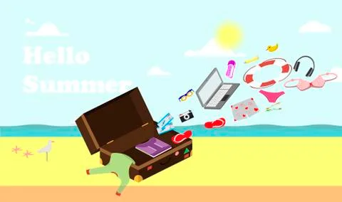 Collecting a suitcase for a trip to vacation. Vector illustration. Hello summ Stock Illustration