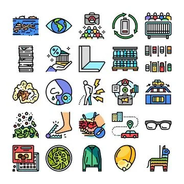 Collecting various global problems and urgent issues icons Stock Illustration