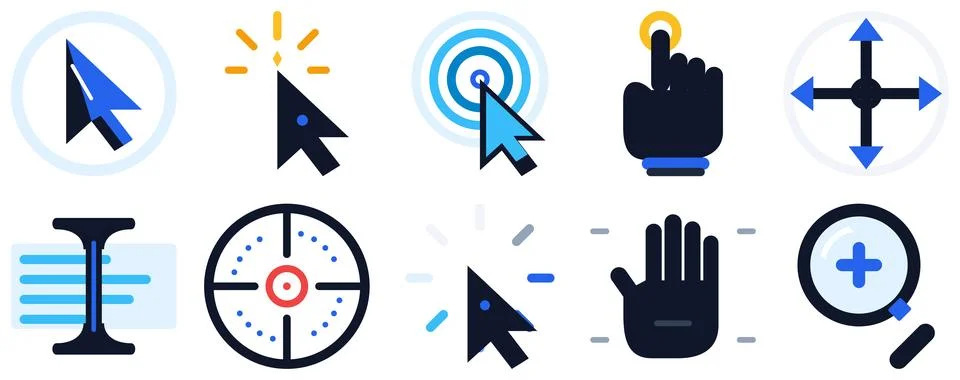 Collection of 10 Cursor and Interface Icons, Flat Vector Set Stock Illustration
