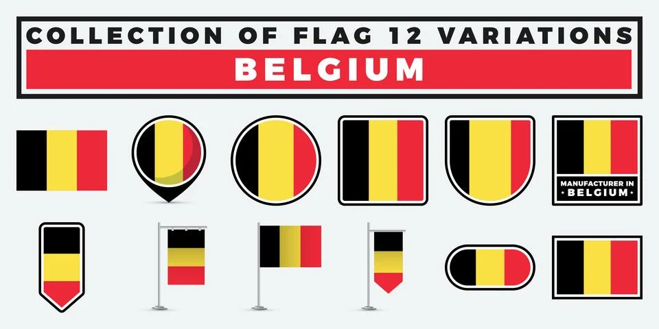 Collection of 12 Belgian Flag Variations. Design Elements. Icons. and Graphic Stock Illustration