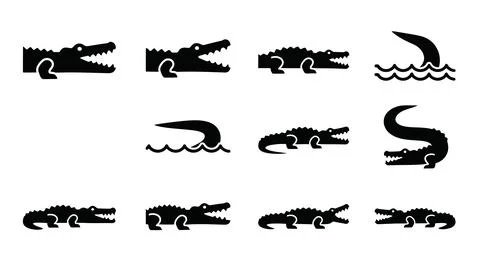 Collection of 12 black alligator vector icons showing various movements and.. Stock Illustration