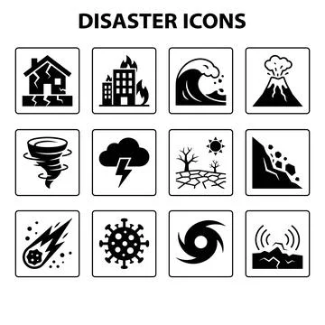 Collection of 12 black and white vector icons representing various natural .. Stock Illustration