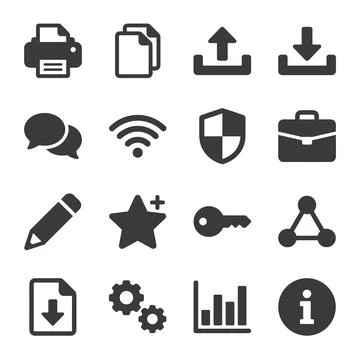 Collection of 12 dark grey flat vector icons representing technology, commu.. Stock Illustration