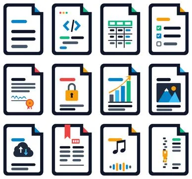 Collection of 12 Document Icons, Digital File Type Vector Set Stock Illustration