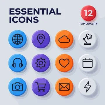 Collection of 12 essential flat design icons for web and mobile application.. Stock Illustration