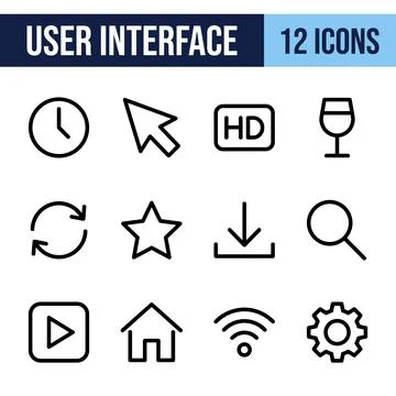 Collection of 12 essential user interface icons including clock, cursor, HD.. Stock Illustration