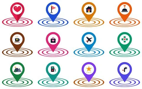 Collection of 12 Location Map Pin Icons, Navigation Vector Set Stock Illustration