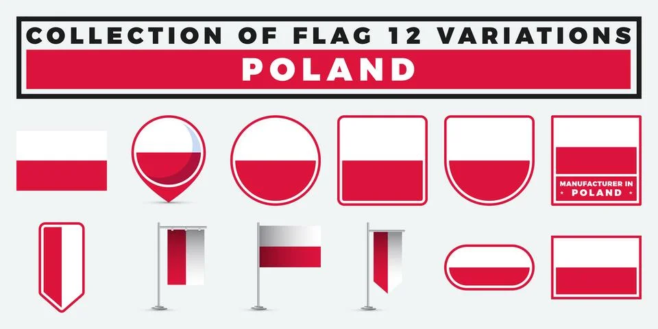 Collection of 12 Poland Flag Variations. Design Elements &amp; National Symbol Stock Illustration