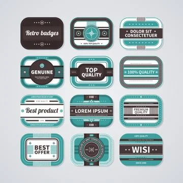 Collection of 12 rectangle badges in retro style. EPS10. Stock Illustration