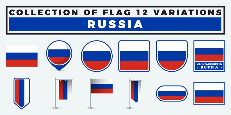 Collection of 12 Russian Flag Variations. Designs and Icons Illustrazione stock