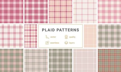 Collection of 12 seamless plaid patterns in soft pink, rose, and sage green.  Stock Illustration
