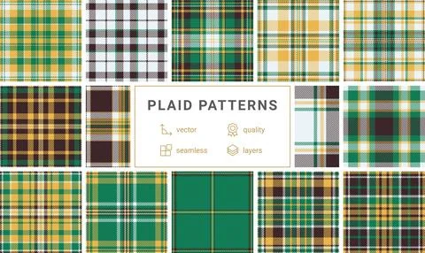 Collection of 12 seamless plaid patterns in various green, gold, and brown hu Illustrazione stock