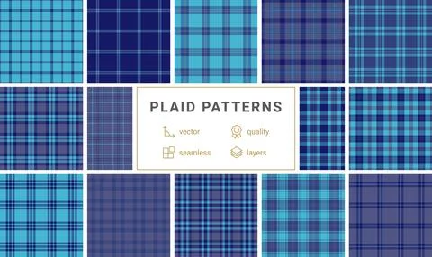 Collection of 12 seamless vector plaid patterns in teal and navy. Perfect f.. Stock Illustration