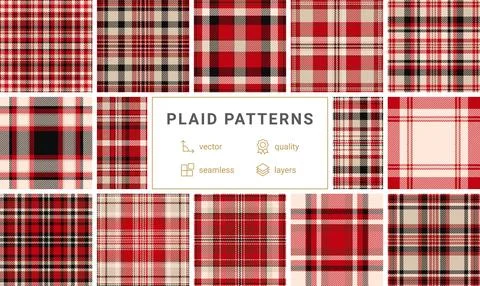 Collection of 12 seamless vector plaid patterns in red, black, and cream.  Pe イラスト素材