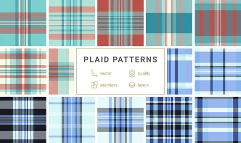 Collection of 12 seamless vector plaid patterns in various colors and styles. Stock Illustration