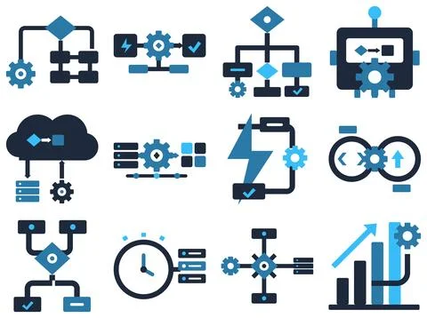 Collection of 12 Technology and Process Icons, Flat Vector Set Stockillustratie