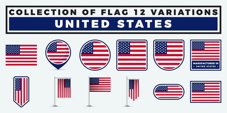 Collection of 12 US Flag Variations. American Patriotic Symbols and Design .. Illustrazione stock