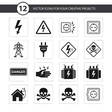 Collection of 12 vector icons for creative projects, featuring electrical s.. Stock Illustration