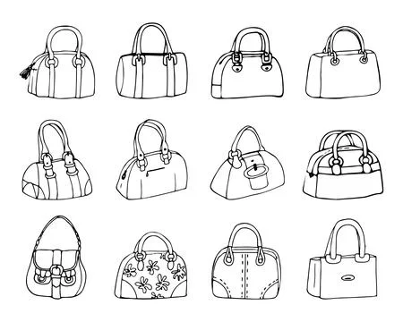 Collection of 12 vector illustrations of female bags Stock Illustration